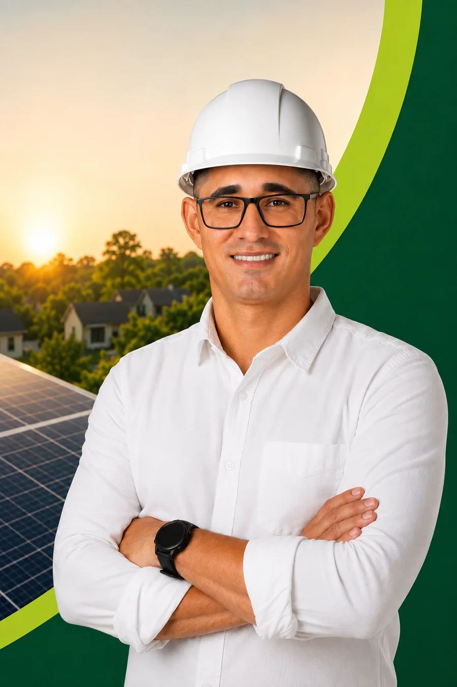 Paulo Brito, proprietário da SolarSeg, usando camisa branca e capacete