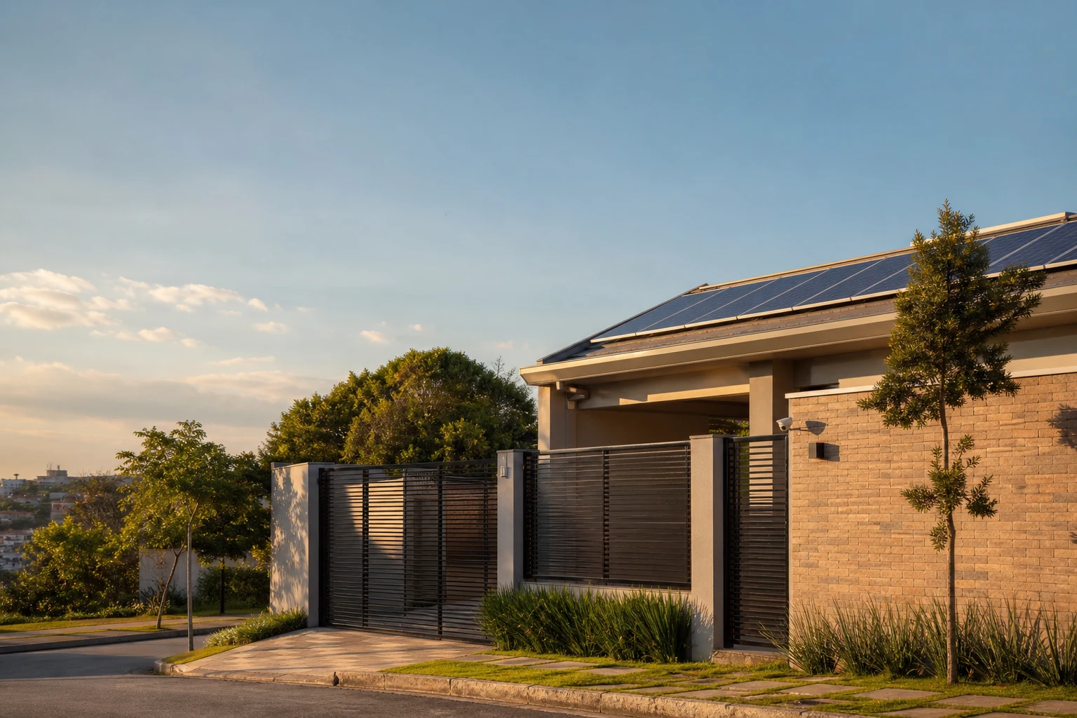 Residência contemporânea com painéis solares e soluções de proteção integradas